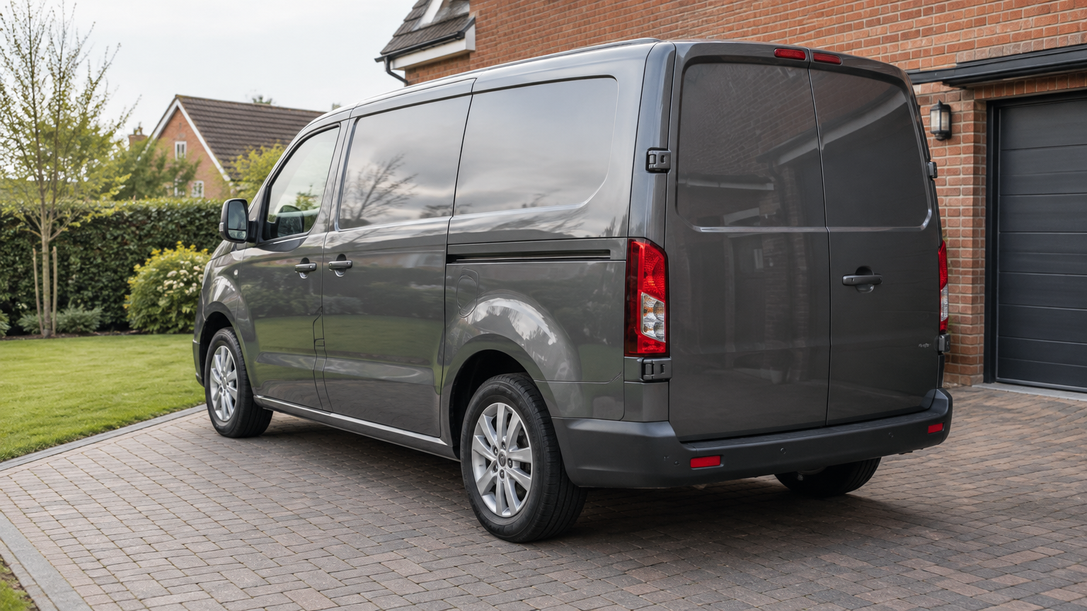 Illustrative photograph of a modern diesel van parked on a driveway beside a brick house.