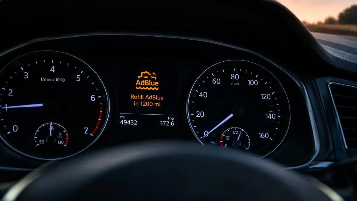 Illustration: dashboard showing an amber AdBlue countdown warning