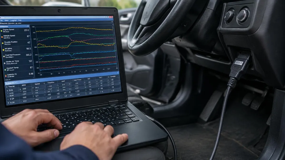 Illustration: laptop connected to a car diagnostic port running ECU software
