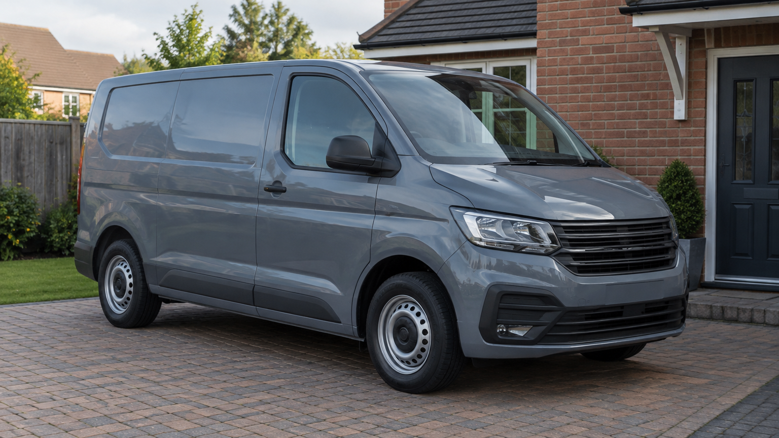 Illustrative modern diesel van parked on a UK driveway beside a brick house in natural daylight.