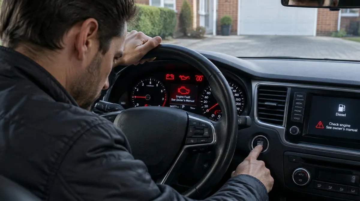 Illustration: driver pressing the start button with engine warnings lit