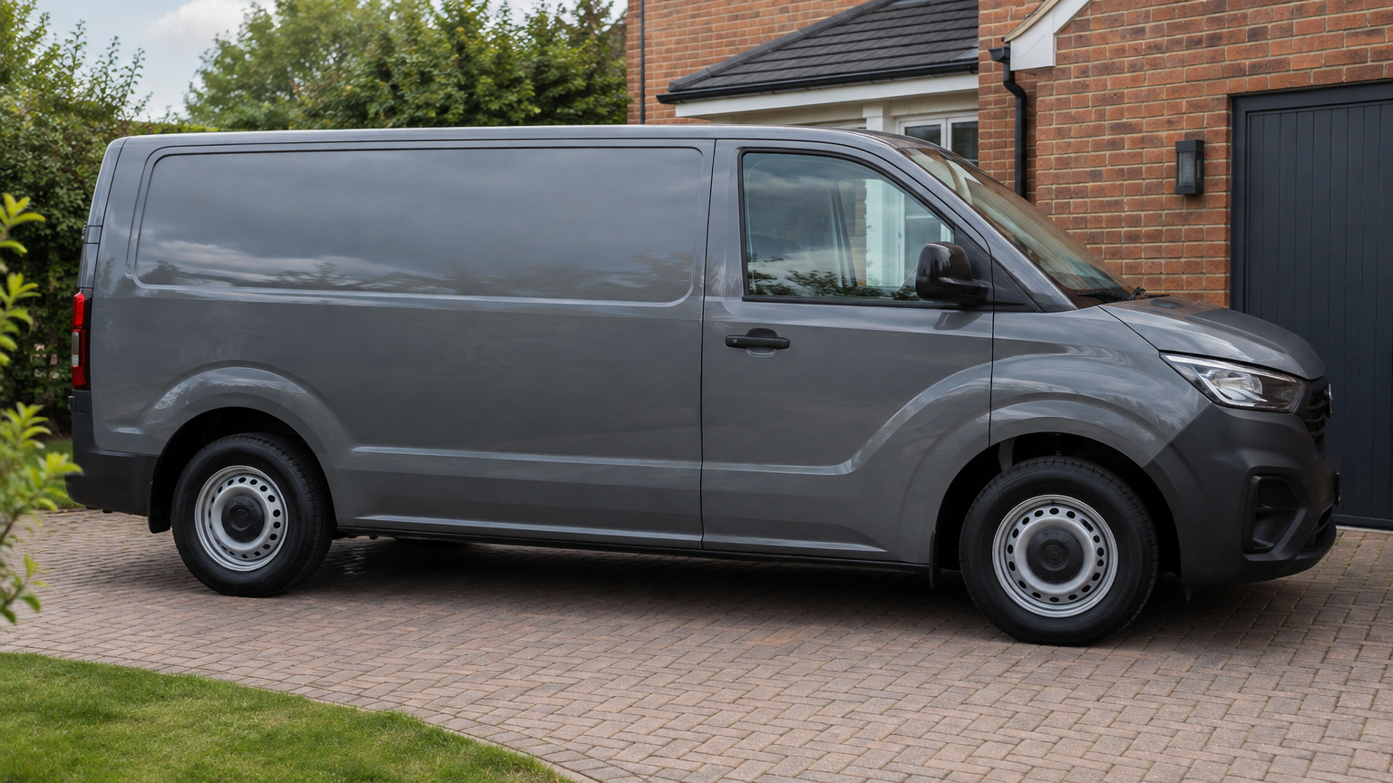 Illustrative photograph of a modern diesel van parked on a driveway beside a brick house.