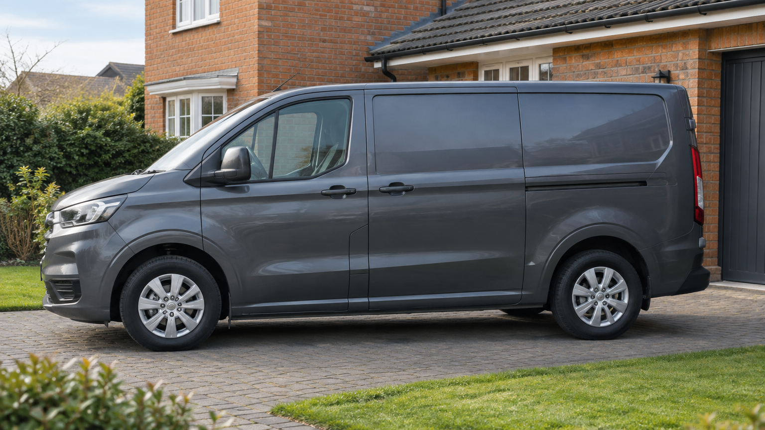 Illustrative photograph of a modern van parked on a driveway beside a UK brick house.