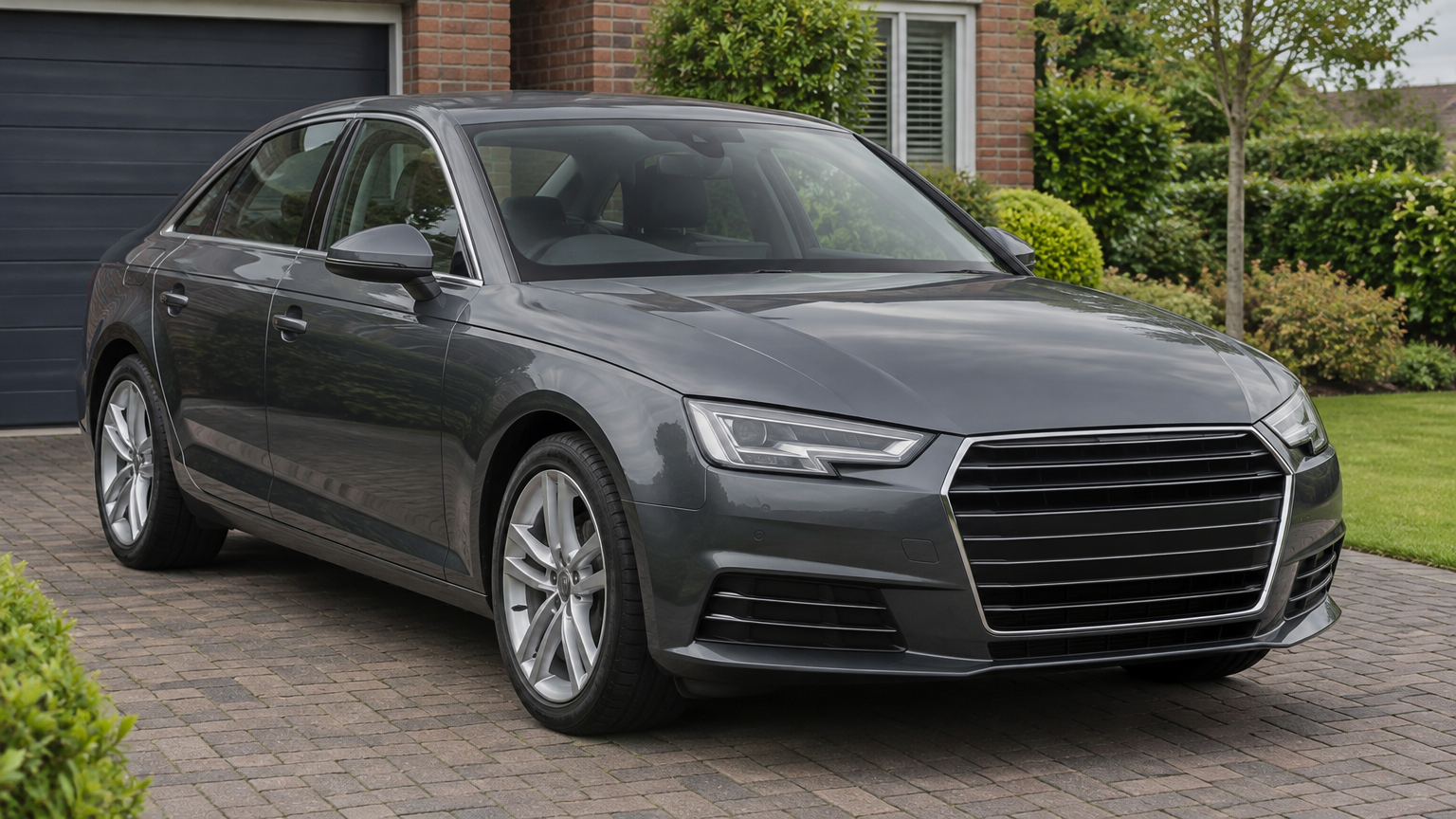 Illustrative grey Audi A4 parked on a British residential driveway in natural daylight.