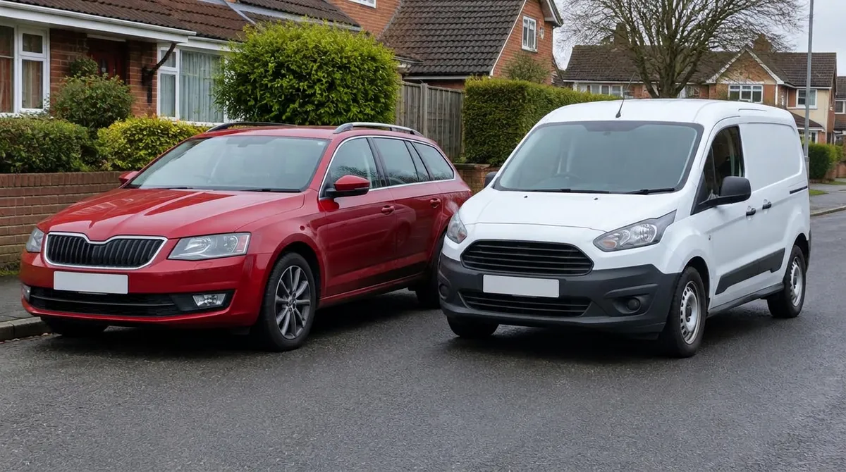 Illustration: a diesel estate car and a small van parked on a street