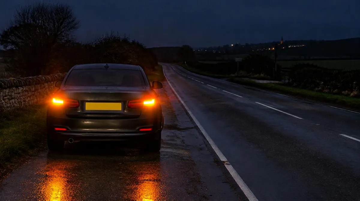 Illustration: car stopped in a lay-by at night with hazard lights on