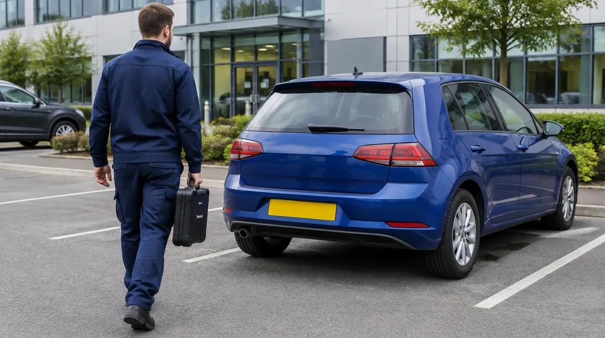 Illustration: mobile technician arriving at a car in a workplace car park