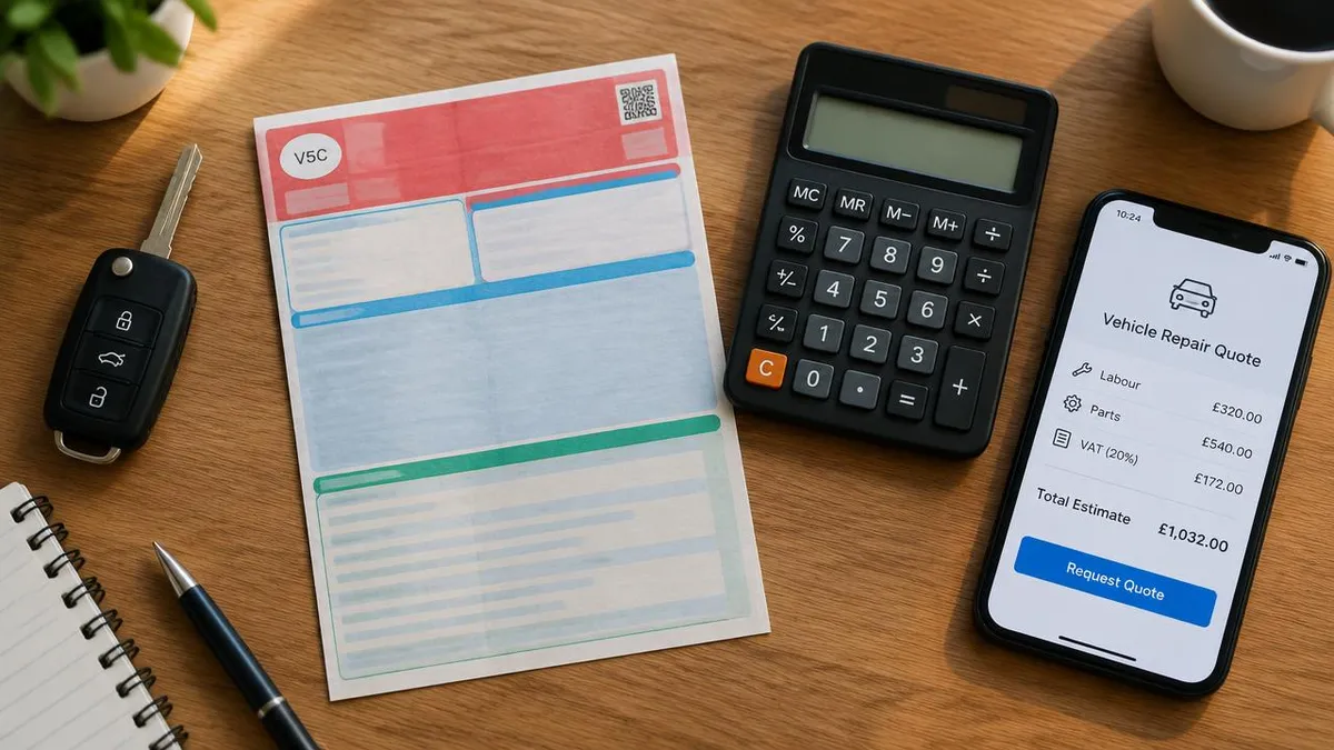 Illustration: car key, vehicle document and calculator for a quote