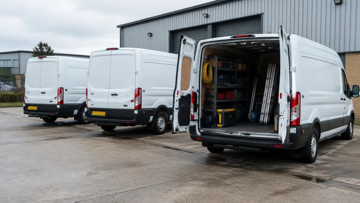 Illustration: business diesel vans parked at an industrial unit