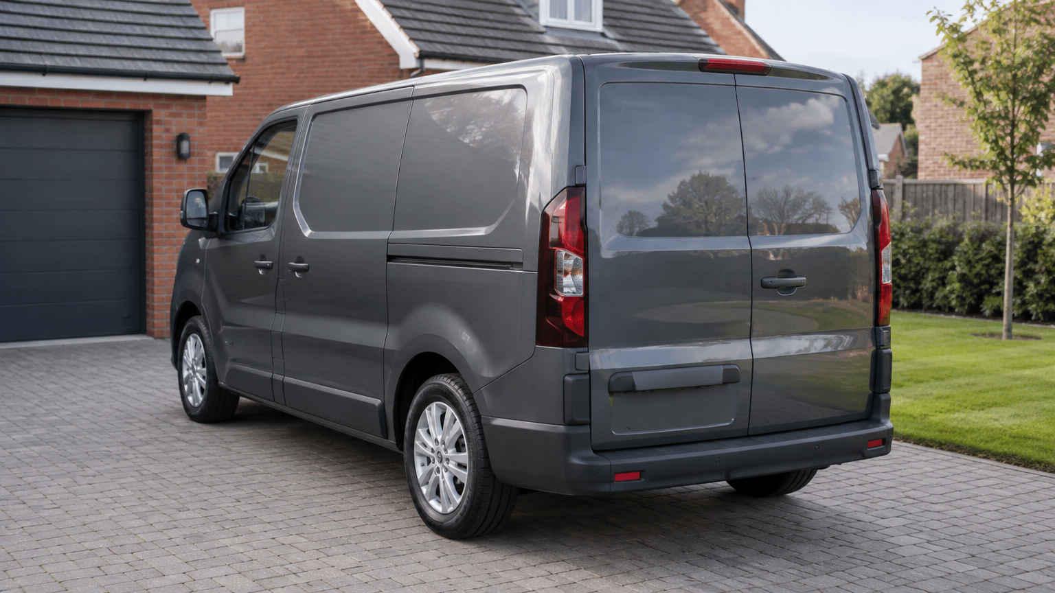 Illustrative photograph of a modern van parked on a driveway beside a brick house.